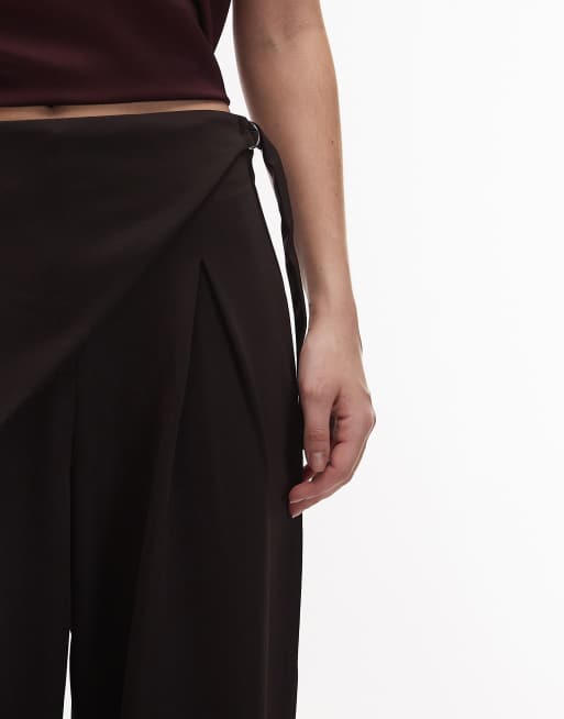ASOS DESIGN slinky twill tailored wide leg pants with wrap skirt detail in chocolate, 5 of 5
