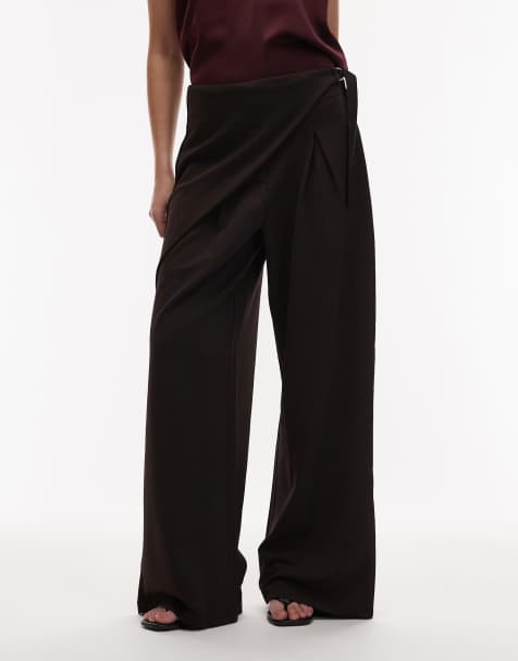 ASOS DESIGN slinky twill tailored wide leg trouser with skirt wrap detail in chocolate - view 1