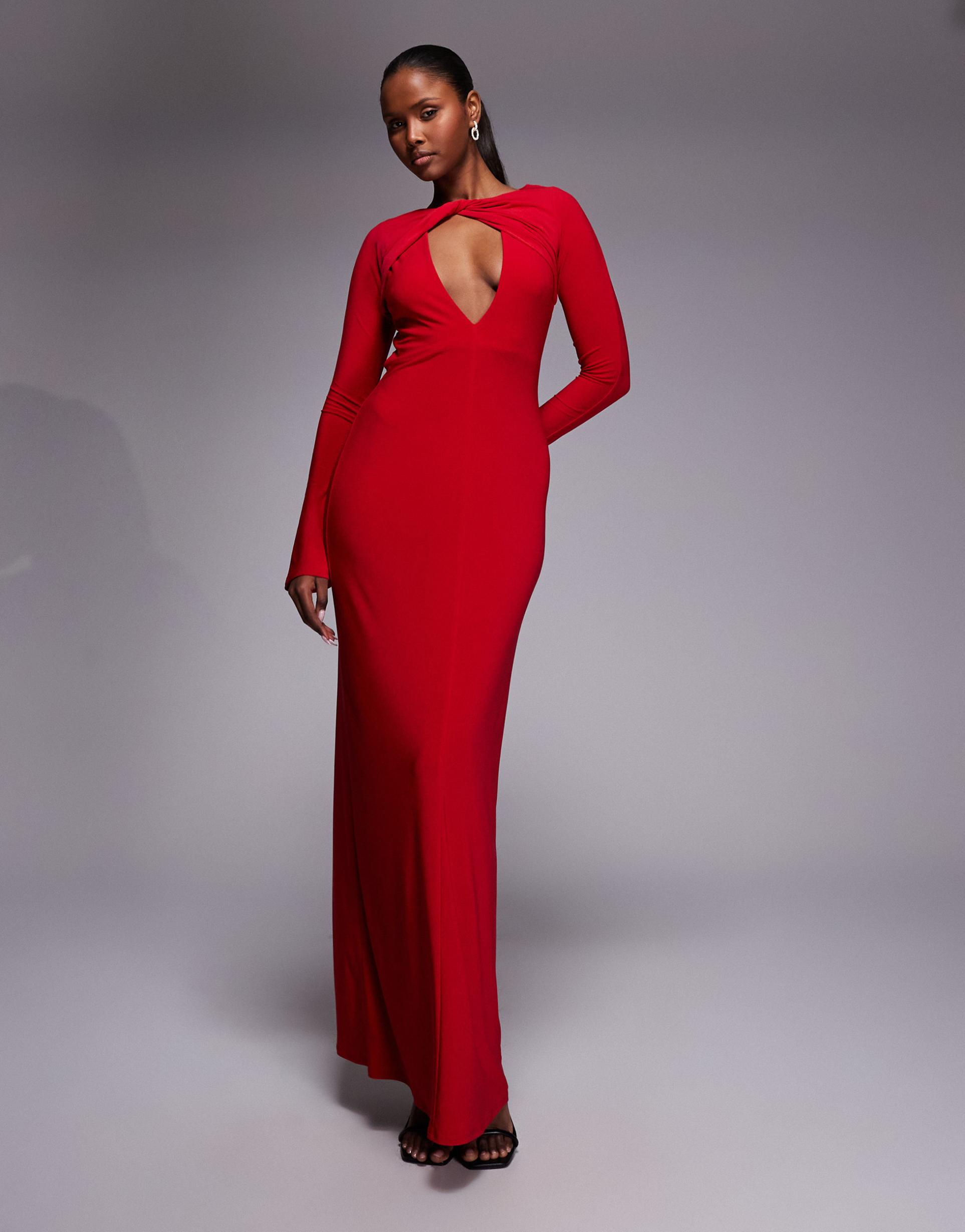 asos design slinky twist detail plunge neck long sleeve maxi dress in red