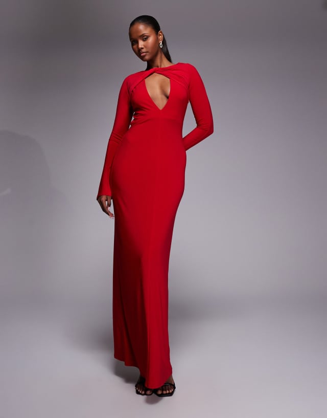 ASOS DESIGN slinky twist detail plunge neck long sleeve maxi dress in red