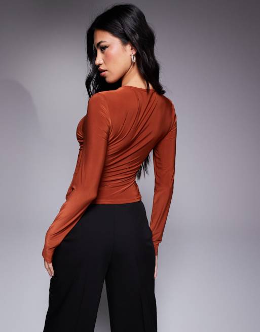 ASOS DESIGN slinky twist front long sleeve top in rust, 4 of 4