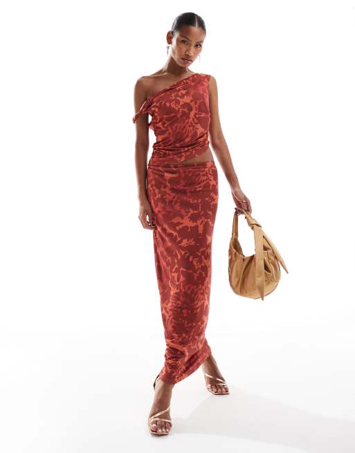 ASOS DESIGN slinky twist off shoulder top and maxi skirt set in burnt orange floral