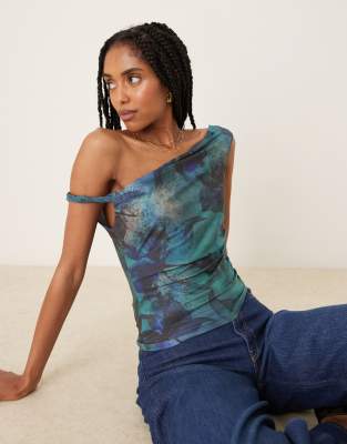 ASOS DESIGN slinky twist off shoulder top in blue floral print - part of a set