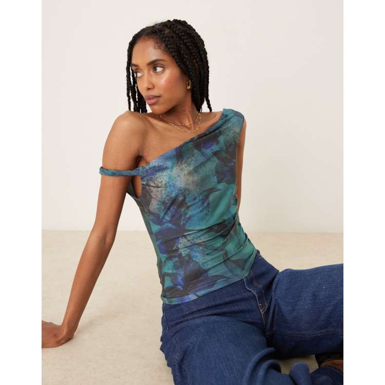 トップス asymmetry shoulder design frill tuck SH ASOS DESIGN slinky twist off shoulder top in blue floral