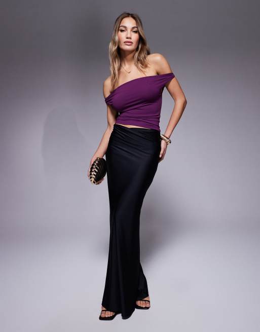 ASOS DESIGN slinky twist off shoulder top in plum, 4 of 4
