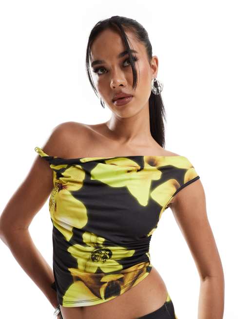 ASOS DESIGN slinky twist off shoulder top in yellow floral print - part of a set