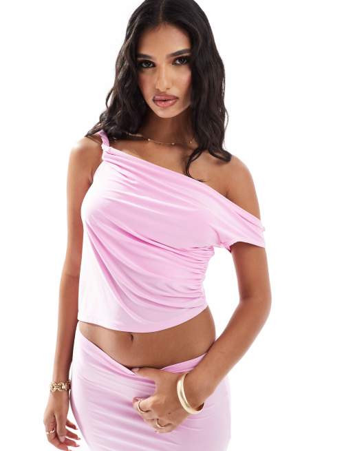 ASOS DESIGN slinky twist off the shoulder top in pink - part of a set