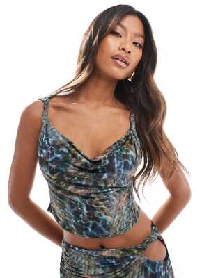 ASOS DESIGN slinky twist shoulder top in blue print (part of a set)