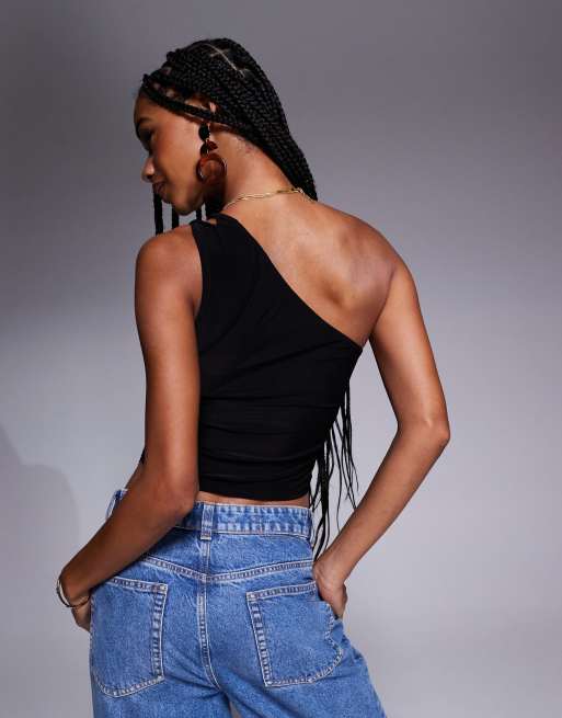 ASOS DESIGN slinky twist strap one shoulder crop top in black, 3 of 4
