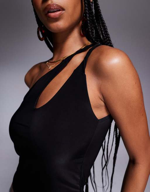 ASOS DESIGN slinky twist strap one shoulder crop top in black, 4 of 4