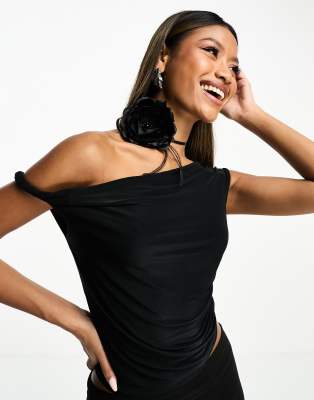 Asos Design Slinky Twisted Off The Shoulder Asymmetric Top In Black-green In Green