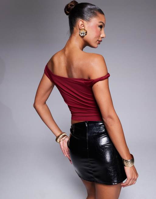 ASOS DESIGN slinky twisted off the shoulder asymmetric top in burgundy 
