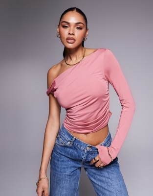 ASOS DESIGN slinky twisted off the shoulder asymmetric top in dusty rose-Pink