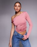 [ASOS DESIGN] ASOS DESIGN slinky twisted off the shoulder asymmetric top in dusty rose-Pink XS Dusty rose