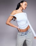 [ASOS DESIGN] ASOS DESIGN slinky twisted off the shoulder asymmetric top in light blue S Light blue