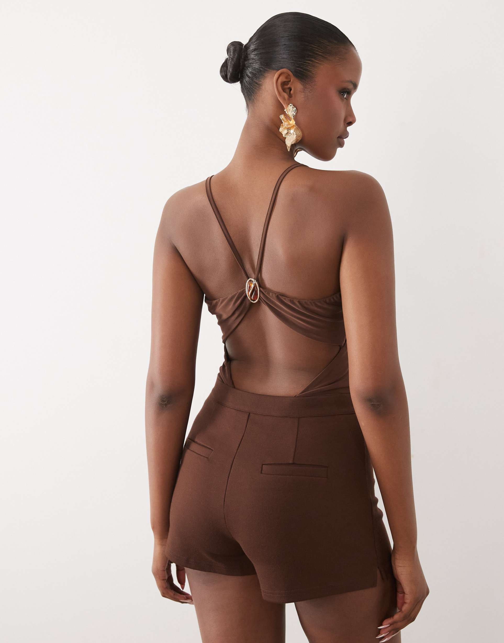 asos design slinky u scooped bodysuit with trim in brown - part of a set
