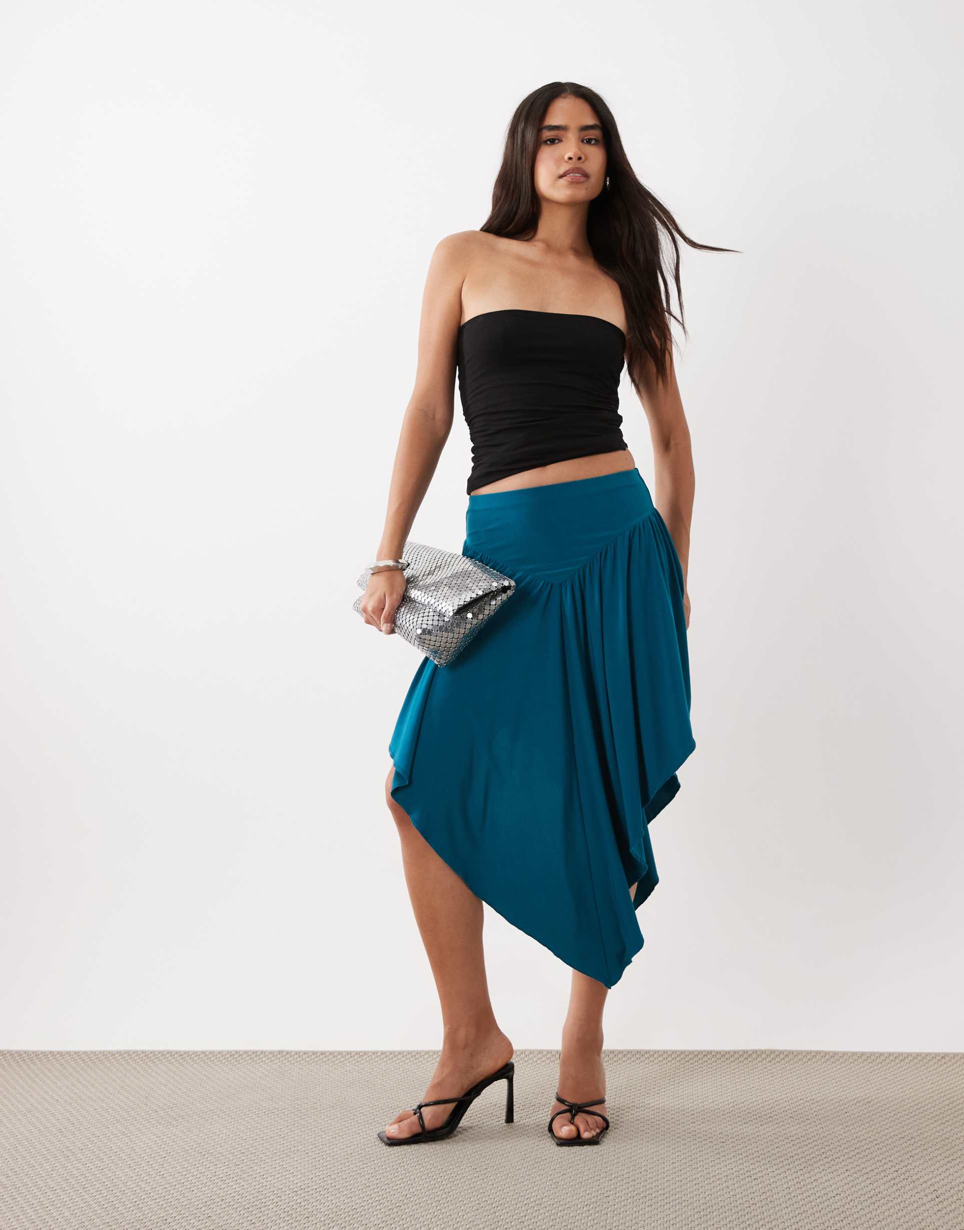 asos design slinky v-front gathered hi-low midi skirt in teal
