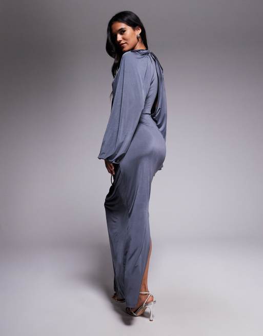 ASOS DESIGN slinky winged sleeve ruched maxi dress in charcoal gray