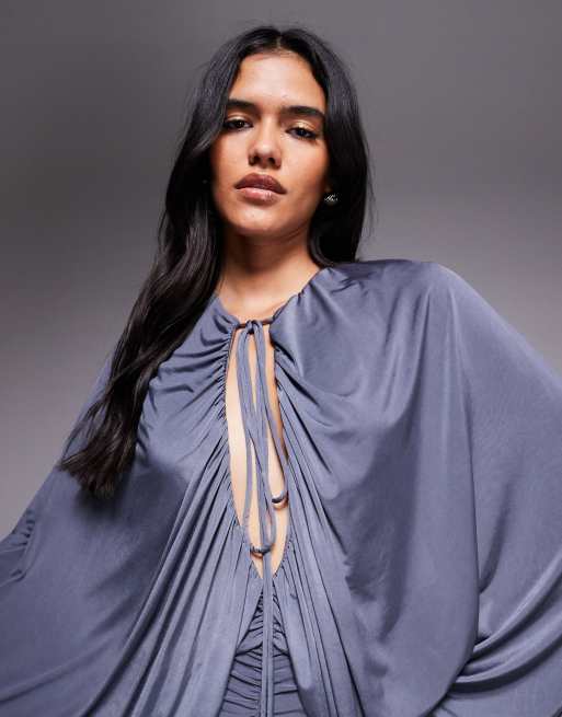 ASOS DESIGN slinky winged sleeve ruched maxi dress in charcoal gray