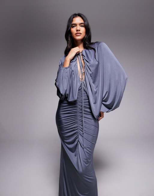 ASOS DESIGN slinky winged sleeve ruched maxi dress in charcoal gray