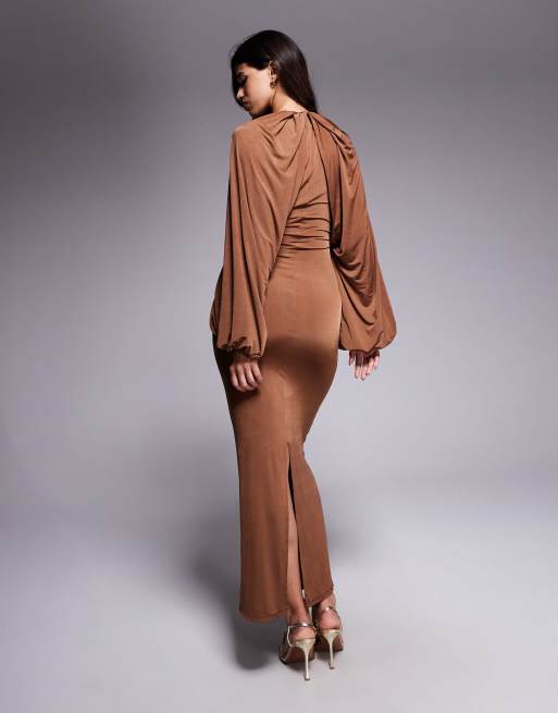 ASOS DESIGN slinky winged sleeve ruched maxi dress in mocha