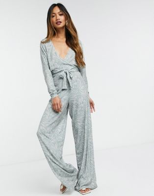 ASOS DESIGN slinky wrap batwing jumpsuit in pastel abstract print-Multi
