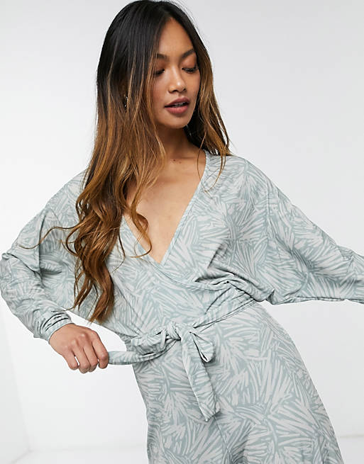  slinky wrap batwing jumpsuit in pastel abstract print 