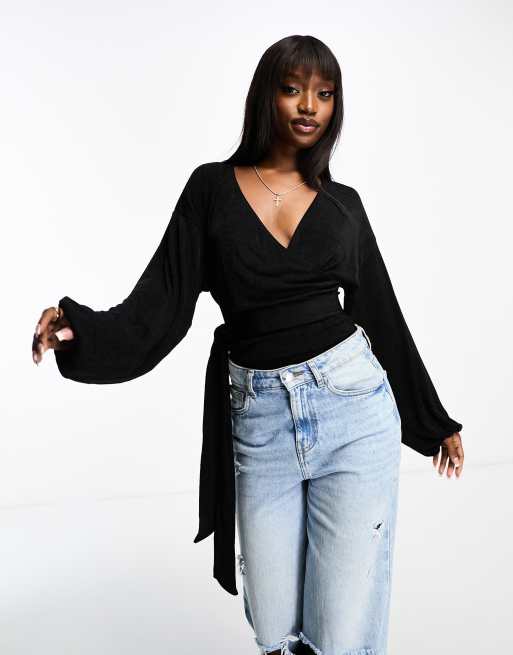 Women's Black Long Sleeve Wrap Front Bodysuit