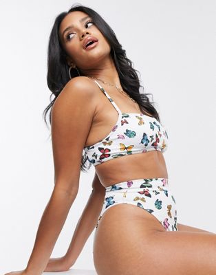 Slip bikini sgambati a vita alta con anelli e stampa di farfalle Asos Donna Sport & Swimwear Costumi da bagno Bikini Bikini Sgambati 