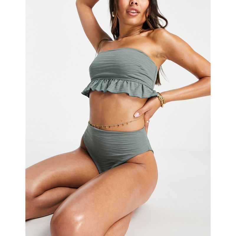 Donna Costumi e Moda mare DESIGN - Slip bikini sgambati a vita alta testurizzati kaki