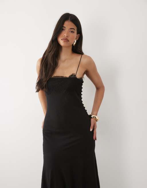 ASOS DESIGN slip cami maxi dress with lace insert in black, 3 of 4