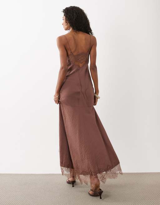 ASOS DESIGN slip cami maxi dress with lace insert in chocolate brown, 2 of 4