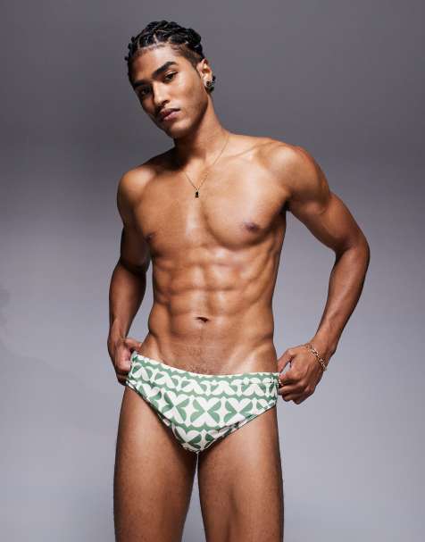 ASOS DESIGN - Slip da bagno con stampa geometrica verde e bianco - view 1