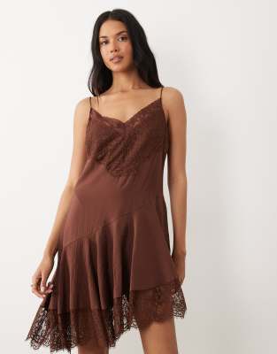 ASOS DESIGN slip lace trim mini dress with asymmetric hem in chocolate
