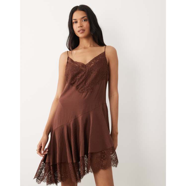 ASOS DESIGN slip lace trim mini dress with asymmetric hem in chocolate |  ASOS