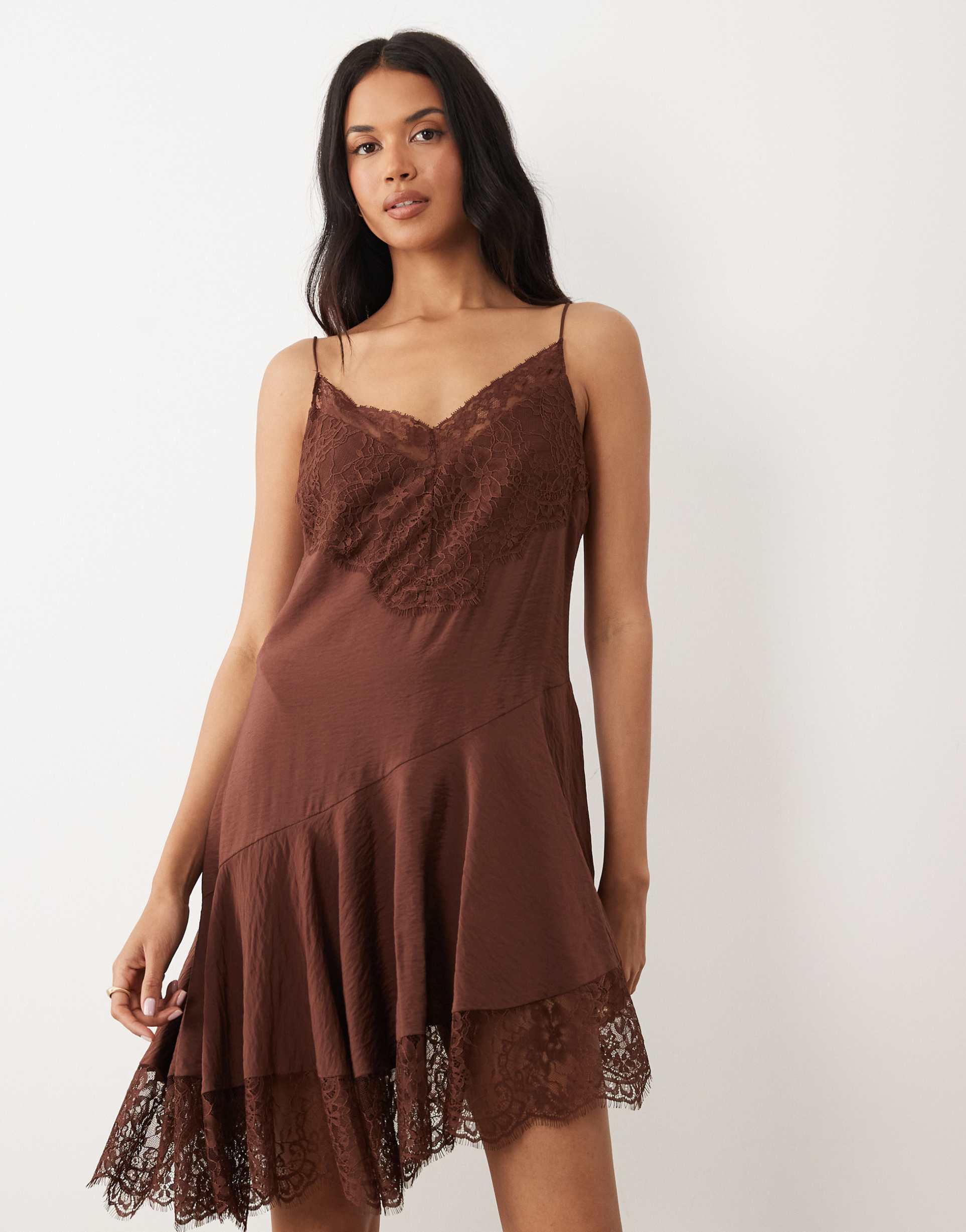 asos design slip lace trim mini dress with asymmetric hem in chocolate