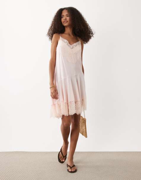ASOS DESIGN slip lace trim mini dress with asymmetric hem in pale pink - view 1