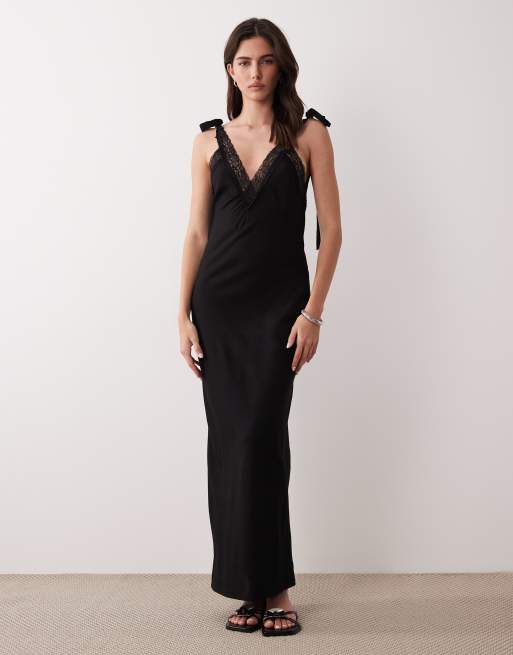 ASOS DESIGN slip maxi dress with lace trim and ties in black | ASOS
