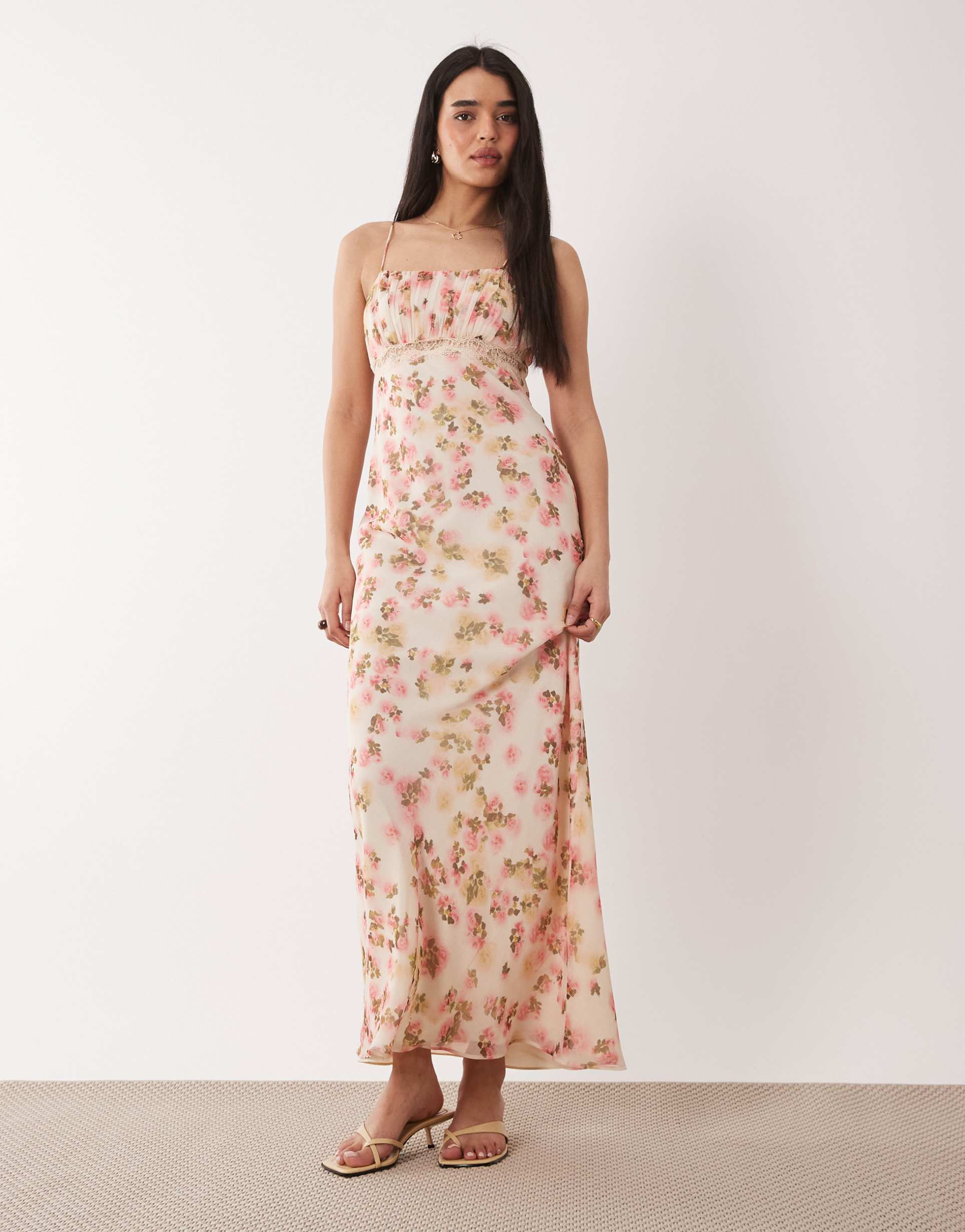 asos design slip maxi dress with lace trim in pink floral