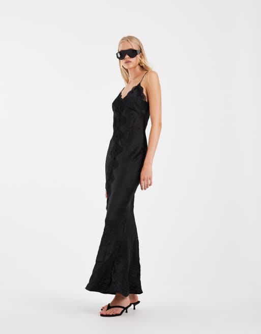 ASOS DESIGN slip maxikjole med blondedetaljer, knaplukning foran, i sort, 2 af 4