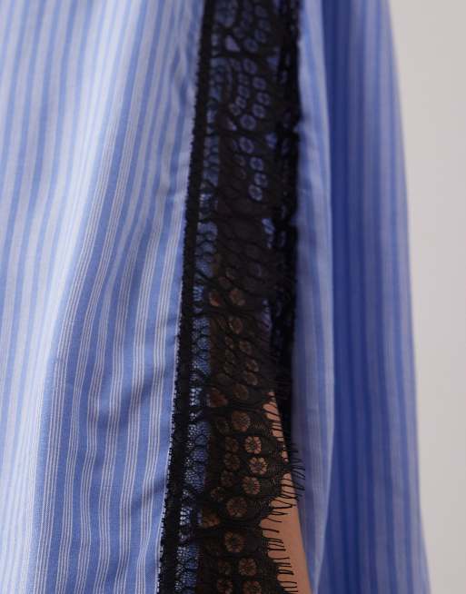 ASOS DESIGN - Slip-maxikjole med cami-stropper og blondekanter i blåt stribet print, 2 af 4