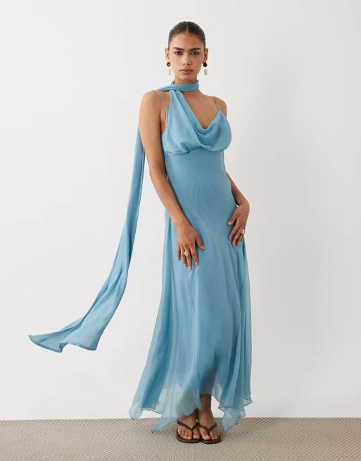ASOS DESIGN slip maxikjole med tørklædedetalje i stålblå, 2 af 4