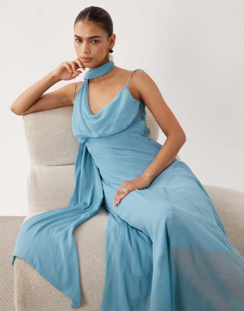 ASOS DESIGN Slip-Maxikleid mit Schal-Detail in Stahlblau - view 1