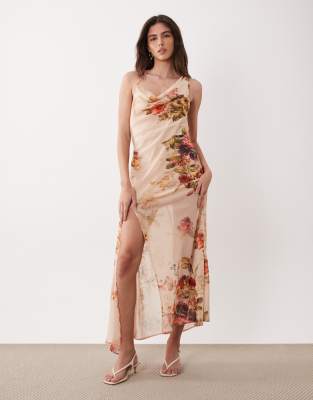 Asos Design Slip Midi Dress With Asymmetric Neckline In Neutral