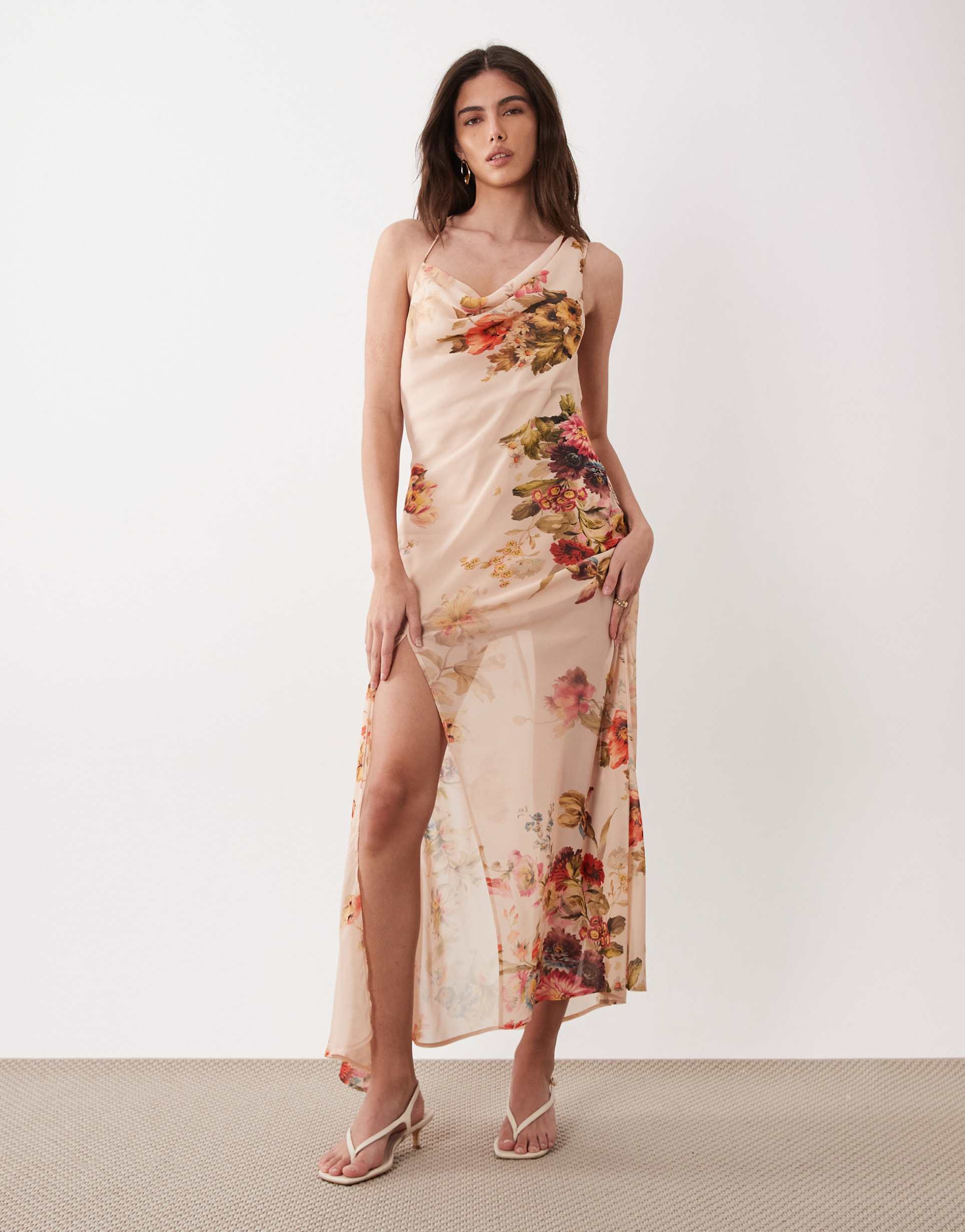 asos design slip midi dress with asymmetric neckline in pink floral print