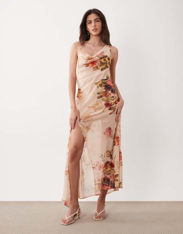 printed asymmetric midi dress ASOS DESIGN slip with neckline in pink floral print Size:US 18W or sophisticated soires colourway-riley Ivory Boho Floral Sleeveless