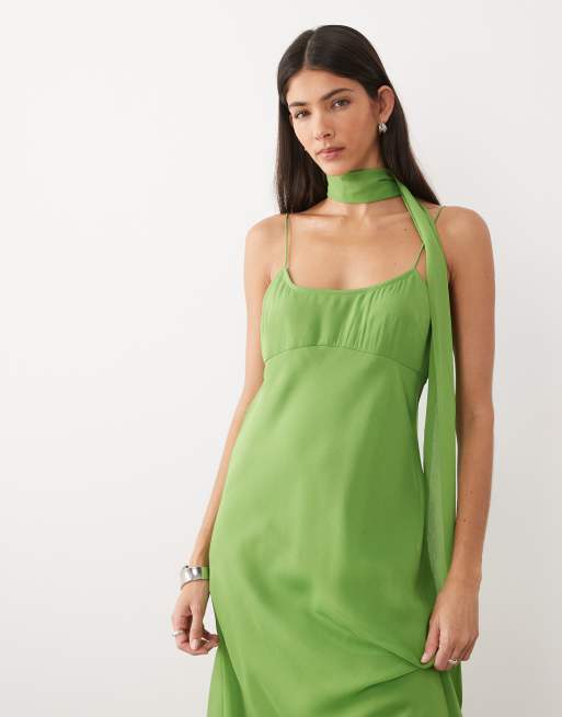 ASOS DESIGN slip midi dress with scarf in green, 2 of 4