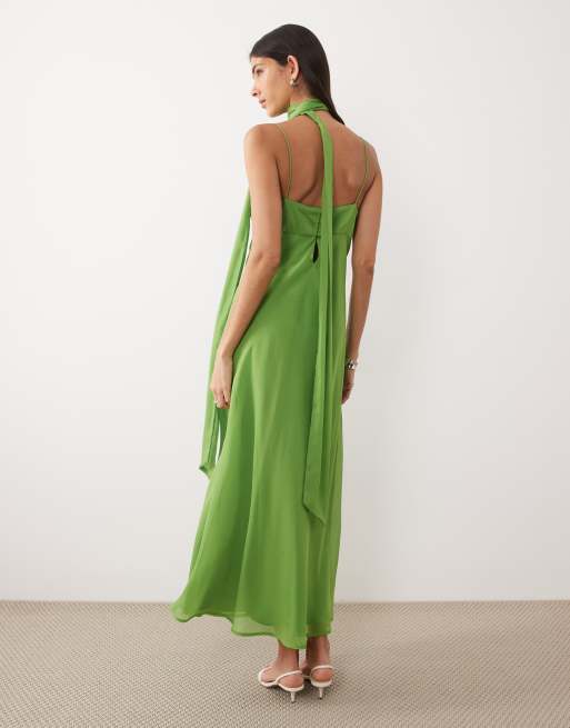 ASOS DESIGN slip midi dress with scarf in green, 3 of 4
