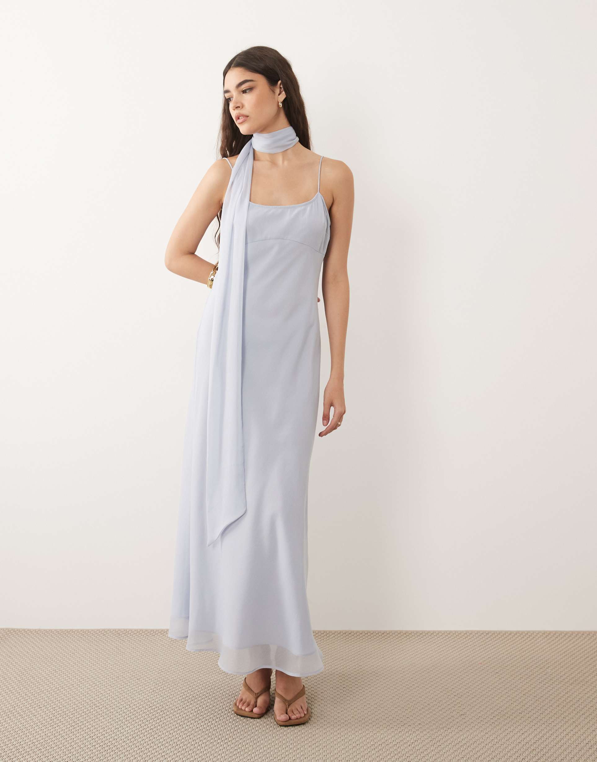 asos design slip midi dress with scarf in pale blue