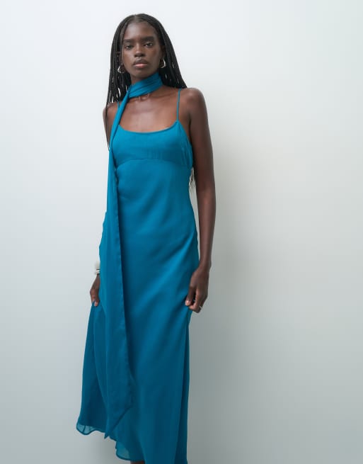 ASOS DESIGN slip midi dress with scarf in teal, 3 of 4